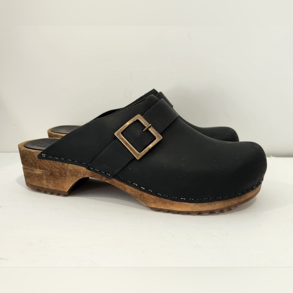 Sanita Black Leather Clogs with Buckle